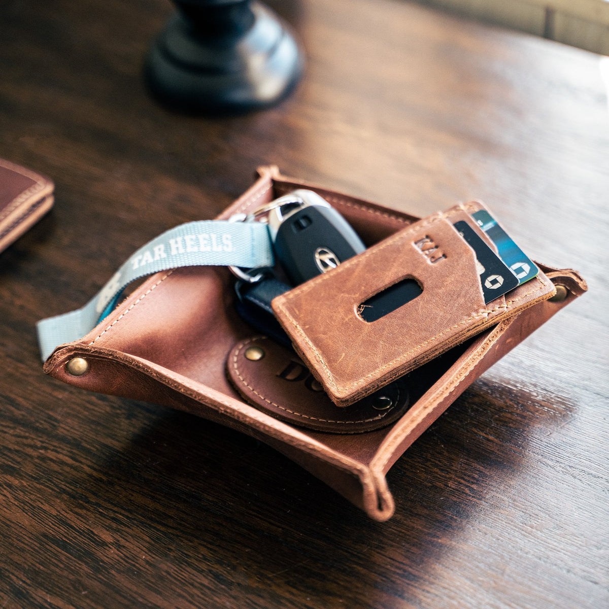 The Monticello Fine Leather Personalized Desk Valet Caddy Tray for Dresser or Office Gift