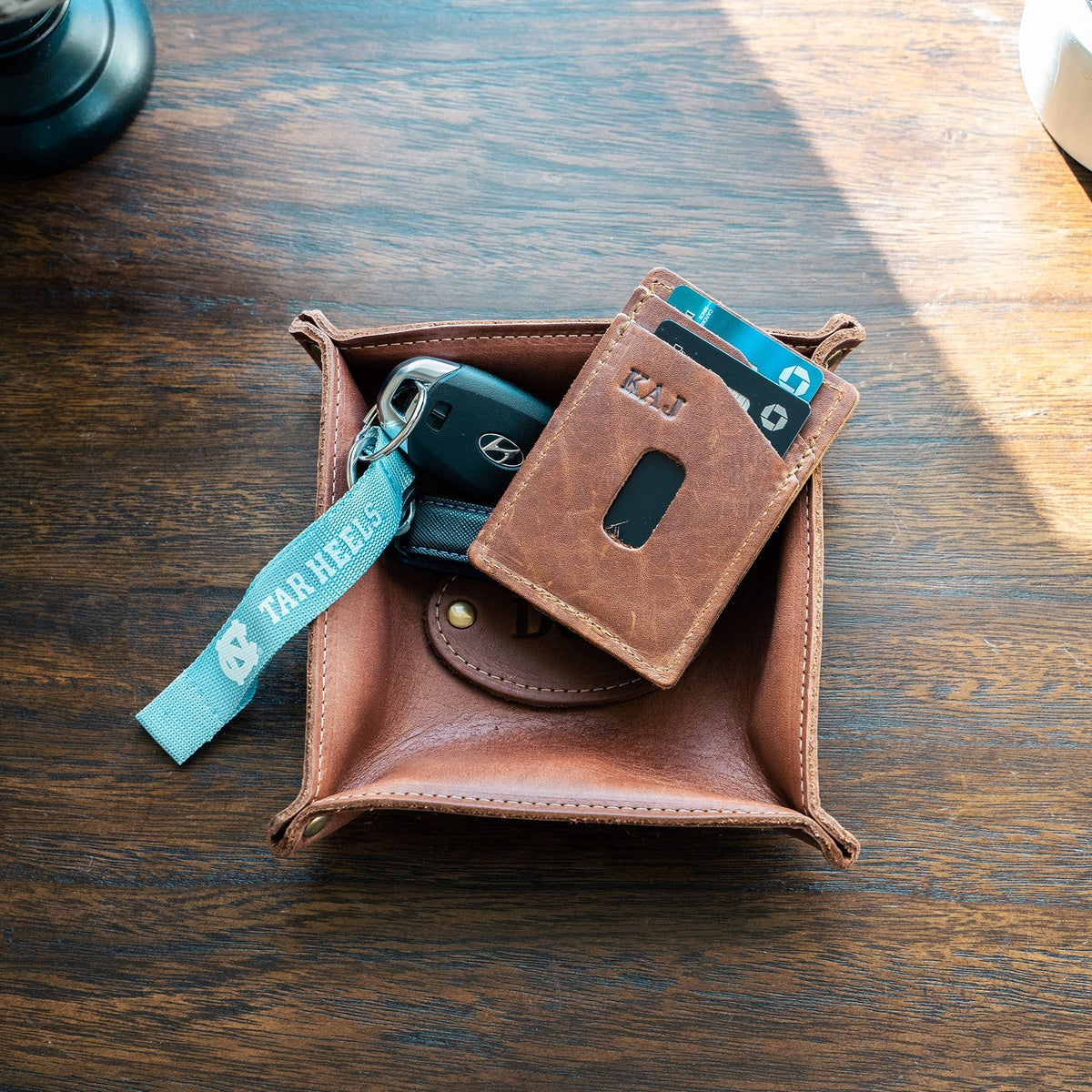 The Monticello Fine Leather Personalized Desk Valet Caddy Tray for Dresser or Office Gift