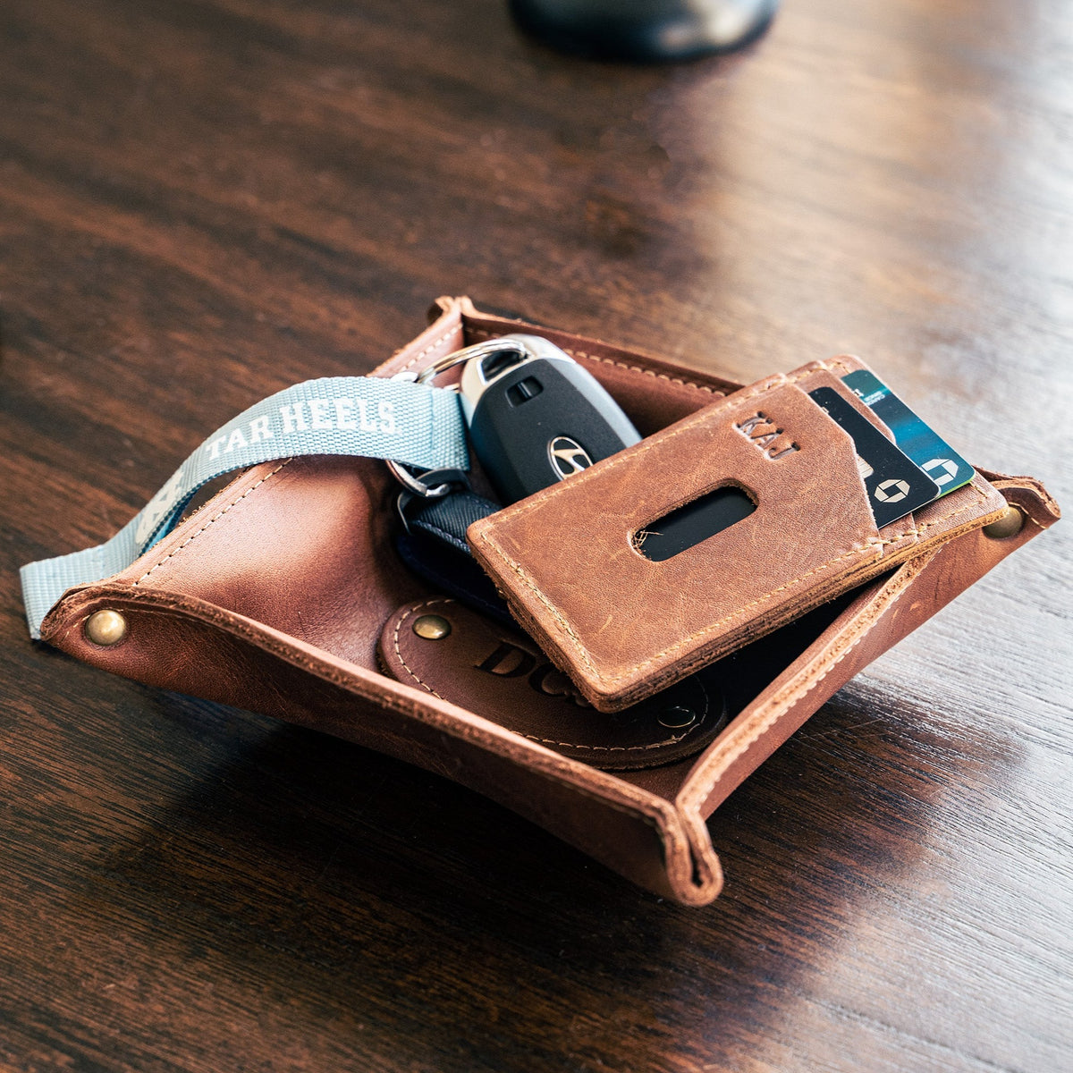 The Monticello Fine Leather Personalized Desk Valet Caddy Tray for Dresser or Office Gift