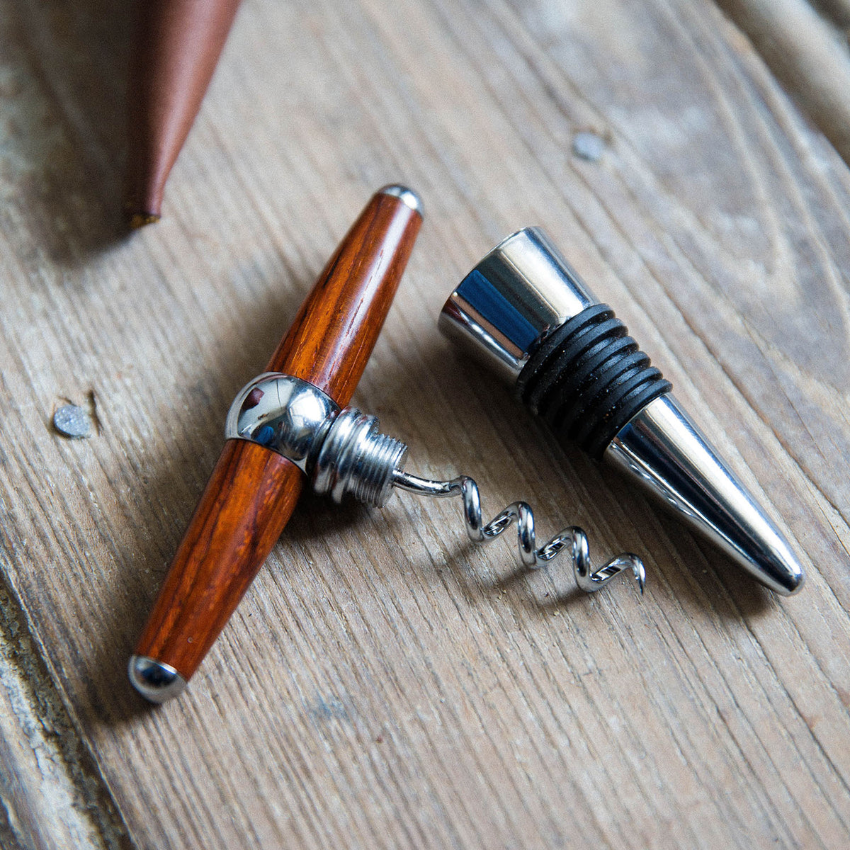 The Vino Personalized Hand Turned Wine Bottle Stopper Corkscrew & Leather Sleeve