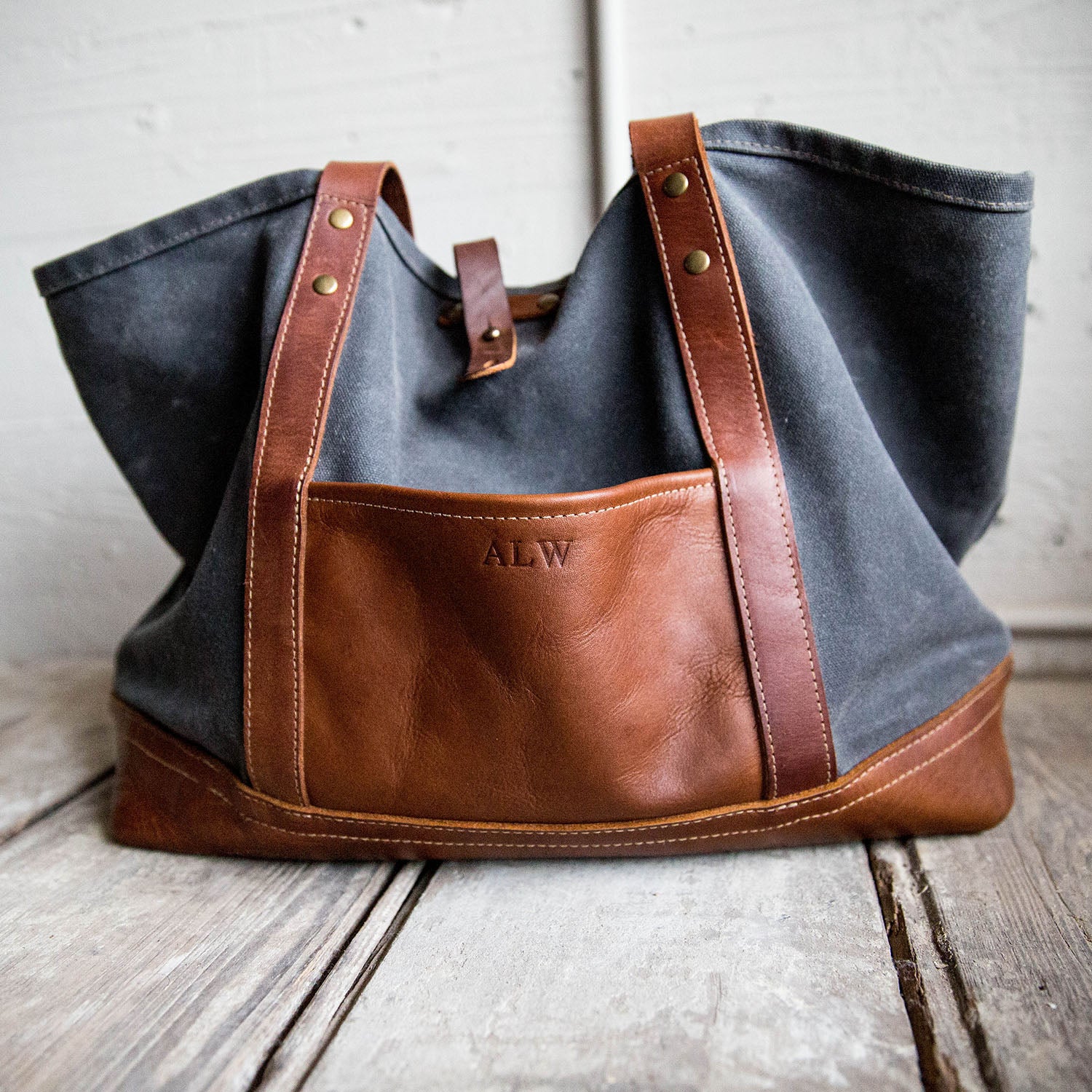 The Market Tote - Fine Leather & Waxed Canvas Bag Purse - Shoporiaz