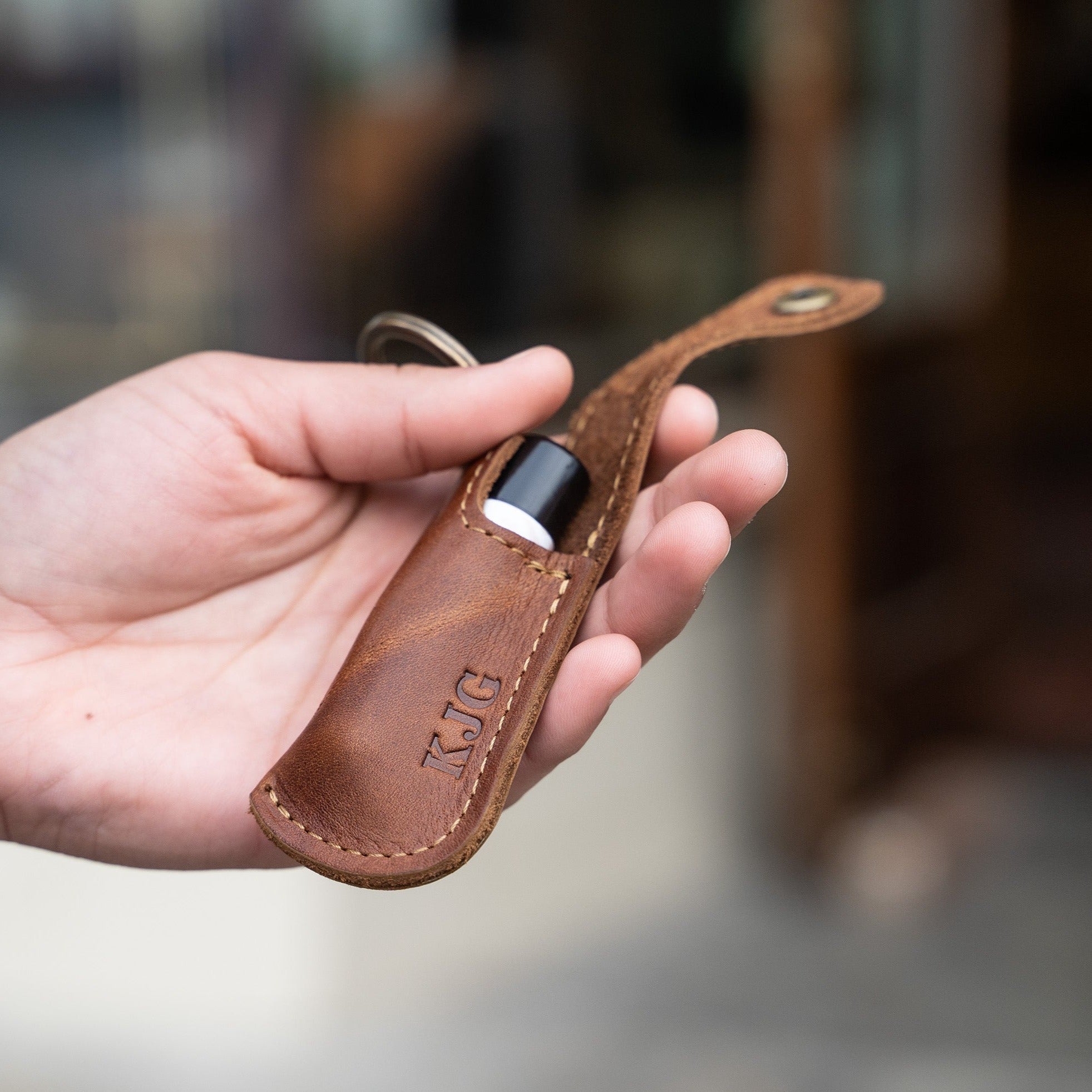 The Sidekick Personalized Fine Leather Lip Balm Holster with Key Ring - Shoporiaz