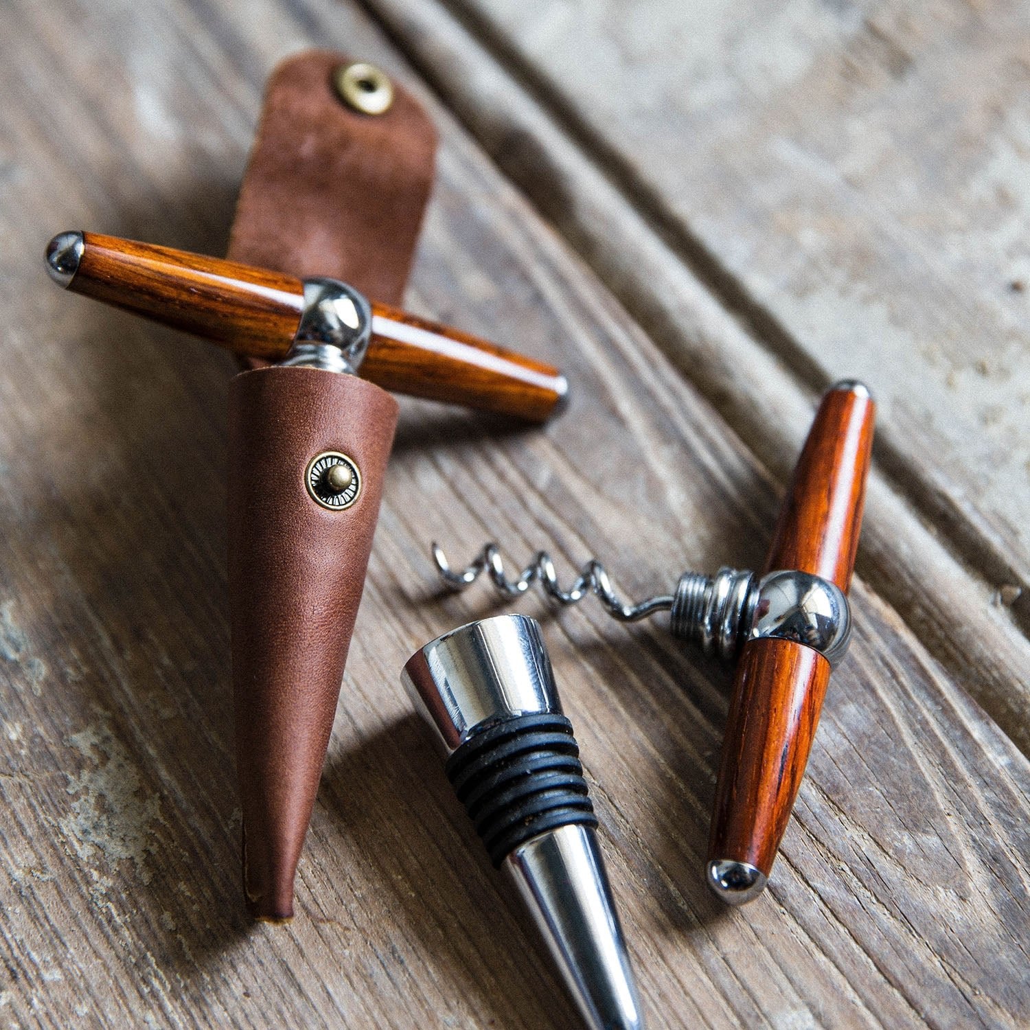 The Vino Personalized Hand Turned Wine Bottle Stopper Corkscrew & Leather Sleeve - Shoporiaz